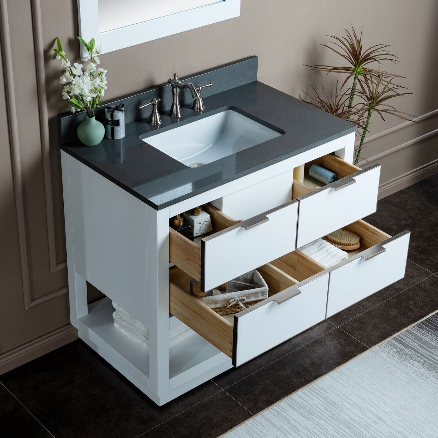 Woodbridge Venice 43" White and Brushed Nickel Trim Solid Wood Vanity Base and Dark Gray Engineered Stone Composite Top With 3 Pre-drilled Holes for 8" Widespread Faucet