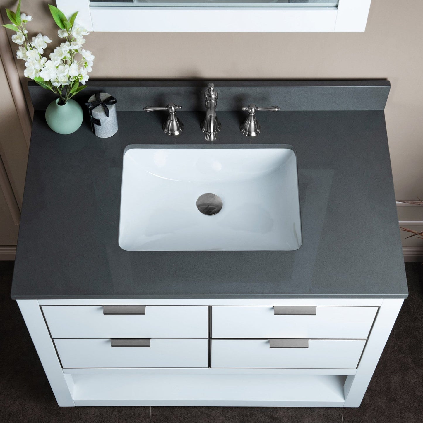 Woodbridge Venice 43" White and Brushed Nickel Trim Solid Wood Vanity Base and Dark Gray Engineered Stone Composite Top With 3 Pre-drilled Holes for 8" Widespread Faucet