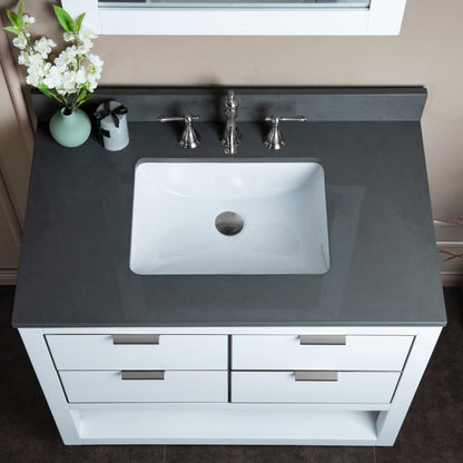 Woodbridge Venice 43" White and Brushed Nickel Trim Solid Wood Vanity Base and Dark Gray Engineered Stone Composite Top With 3 Pre-drilled Holes for 8" Widespread Faucet