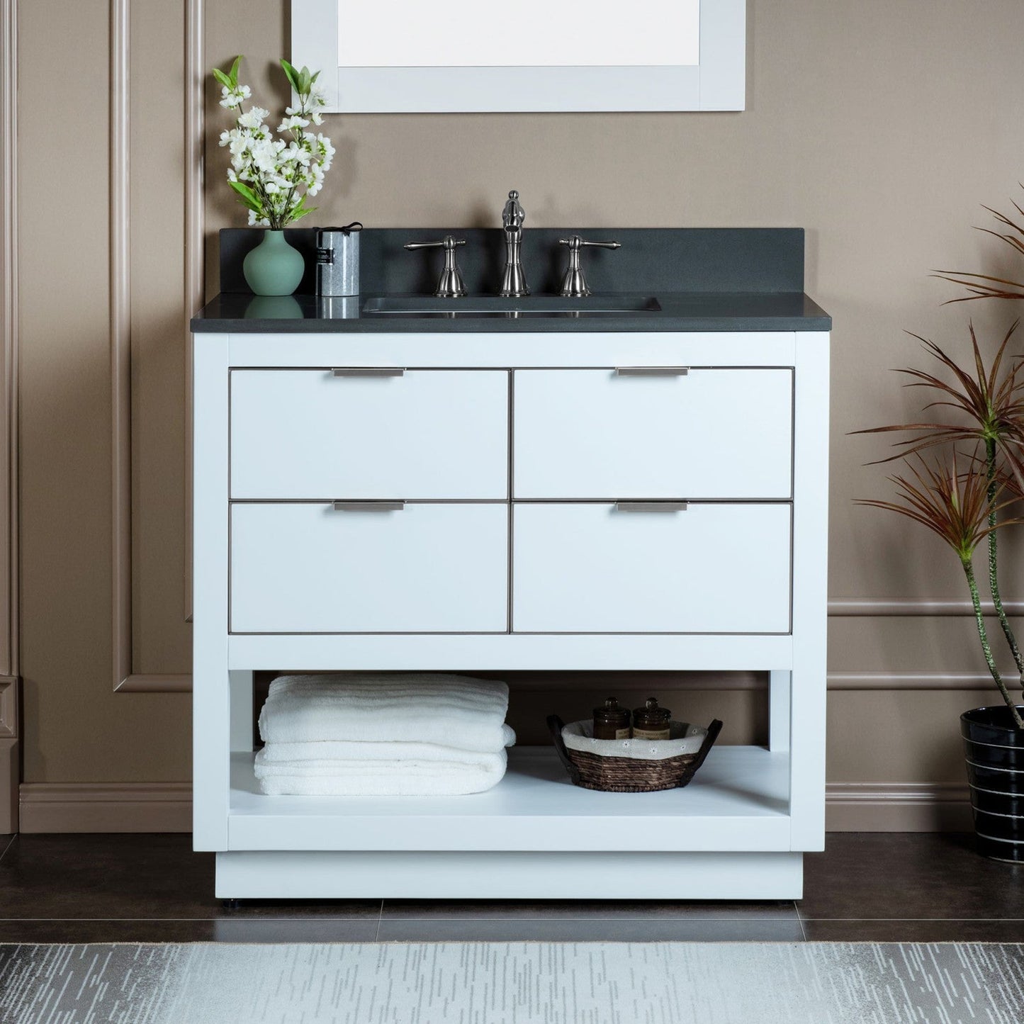 Woodbridge Venice 43" White and Brushed Nickel Trim Solid Wood Vanity Base and Dark Gray Engineered Stone Composite Top With 3 Pre-drilled Holes for 8" Widespread Faucet