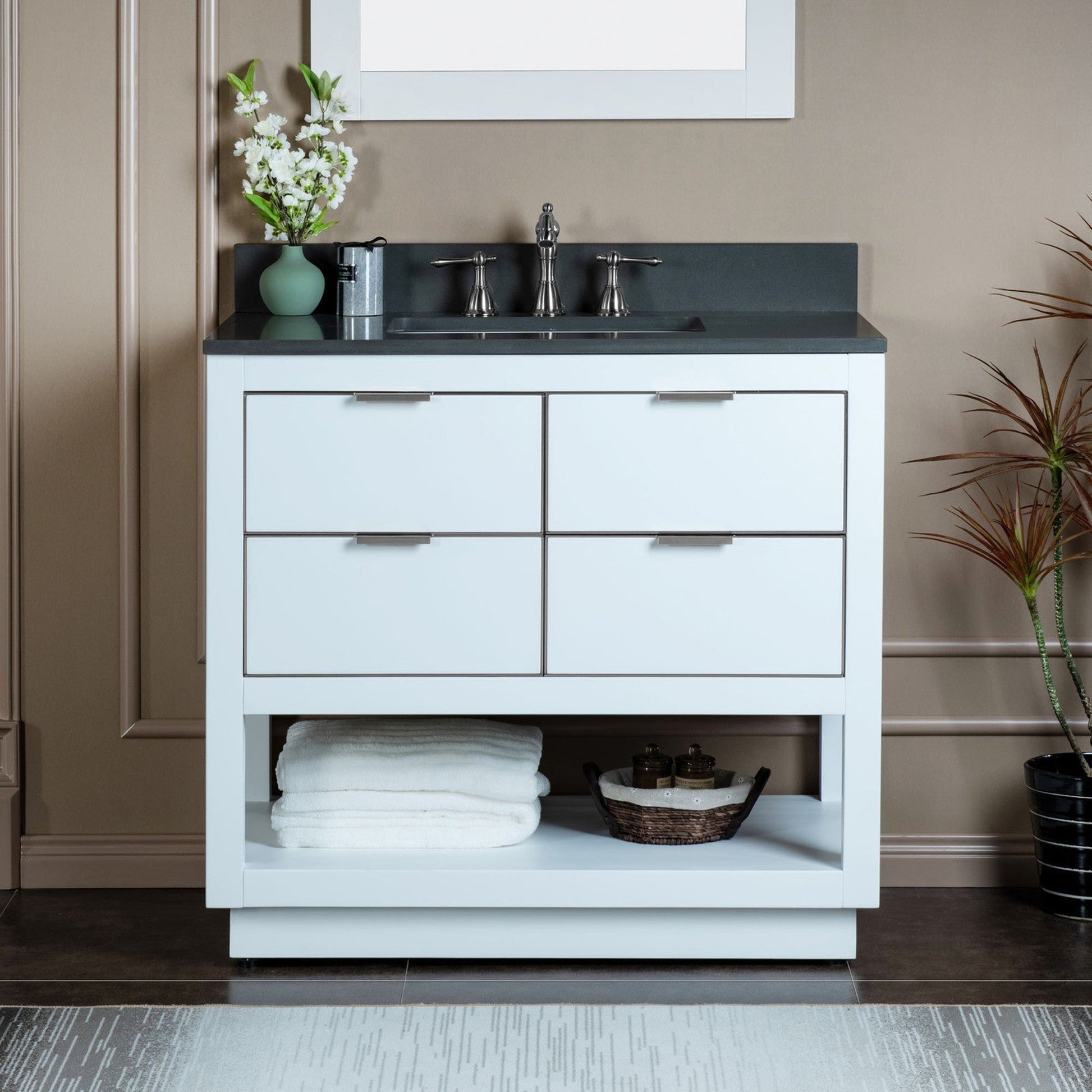Woodbridge Venice 43" White and Brushed Nickel Trim Solid Wood Vanity Base and Dark Gray Engineered Stone Composite Top With 3 Pre-drilled Holes for 8" Widespread Faucet