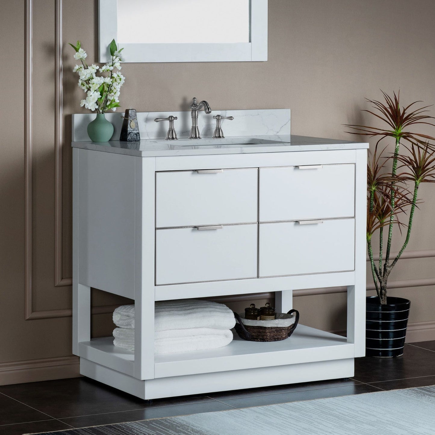 Woodbridge Venice 43" White and Brushed Nickel Trim Solid Wood Vanity Base and Fish Belly White Engineered Stone Composite Top With 3 Pre-drilled Holes for 8" Widespread Faucet