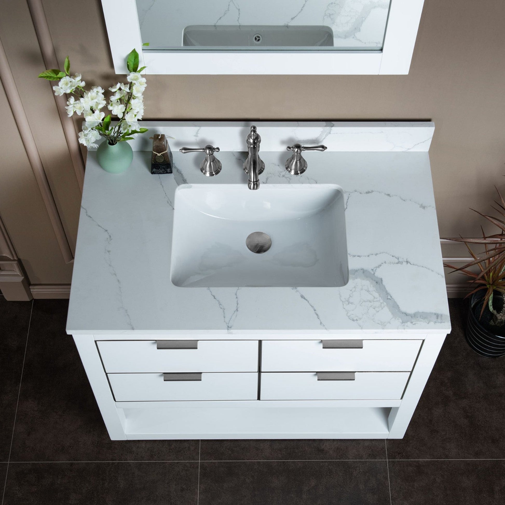 Woodbridge Venice 43" White and Brushed Nickel Trim Solid Wood Vanity Base and Fish Belly White Engineered Stone Composite Top With 3 Pre-drilled Holes for 8" Widespread Faucet