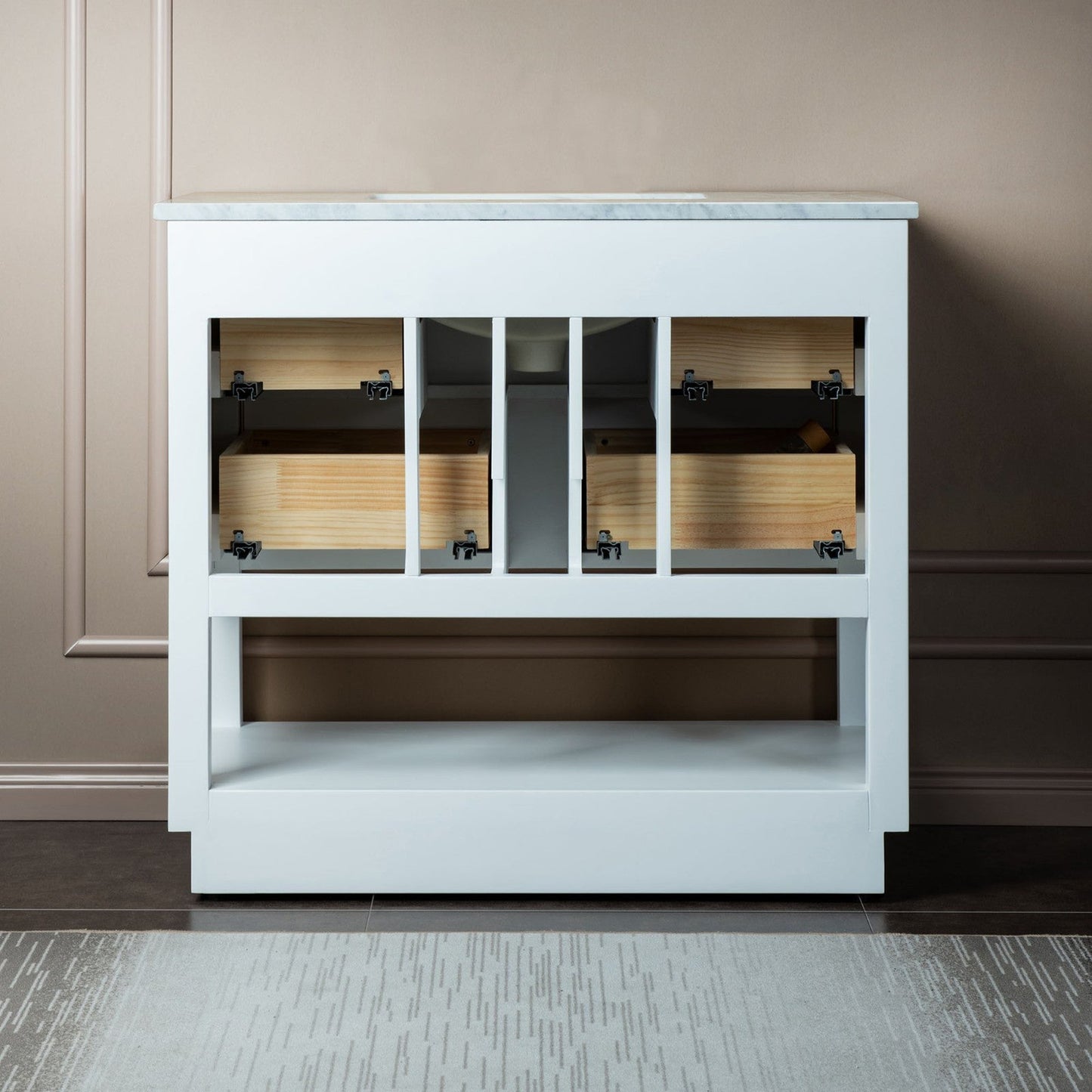 Woodbridge Venice 43" White and Gold Trim Solid Wood Vanity Base and Carrara Marble Top With 3 Pre-Drilled Holes for 4" Centerset Faucet