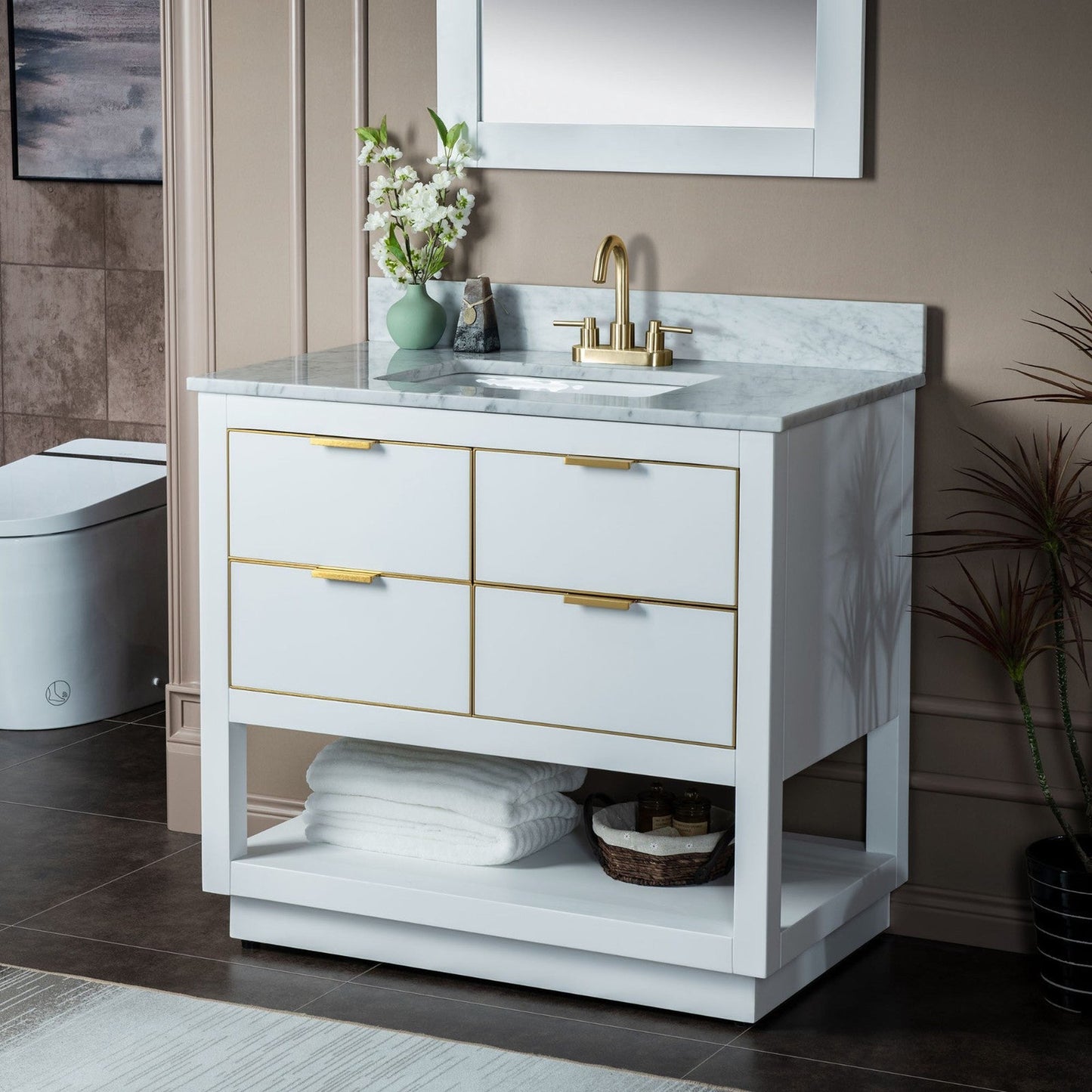 Woodbridge Venice 43" White and Gold Trim Solid Wood Vanity Base and Carrara Marble Top With 3 Pre-Drilled Holes for 4" Centerset Faucet