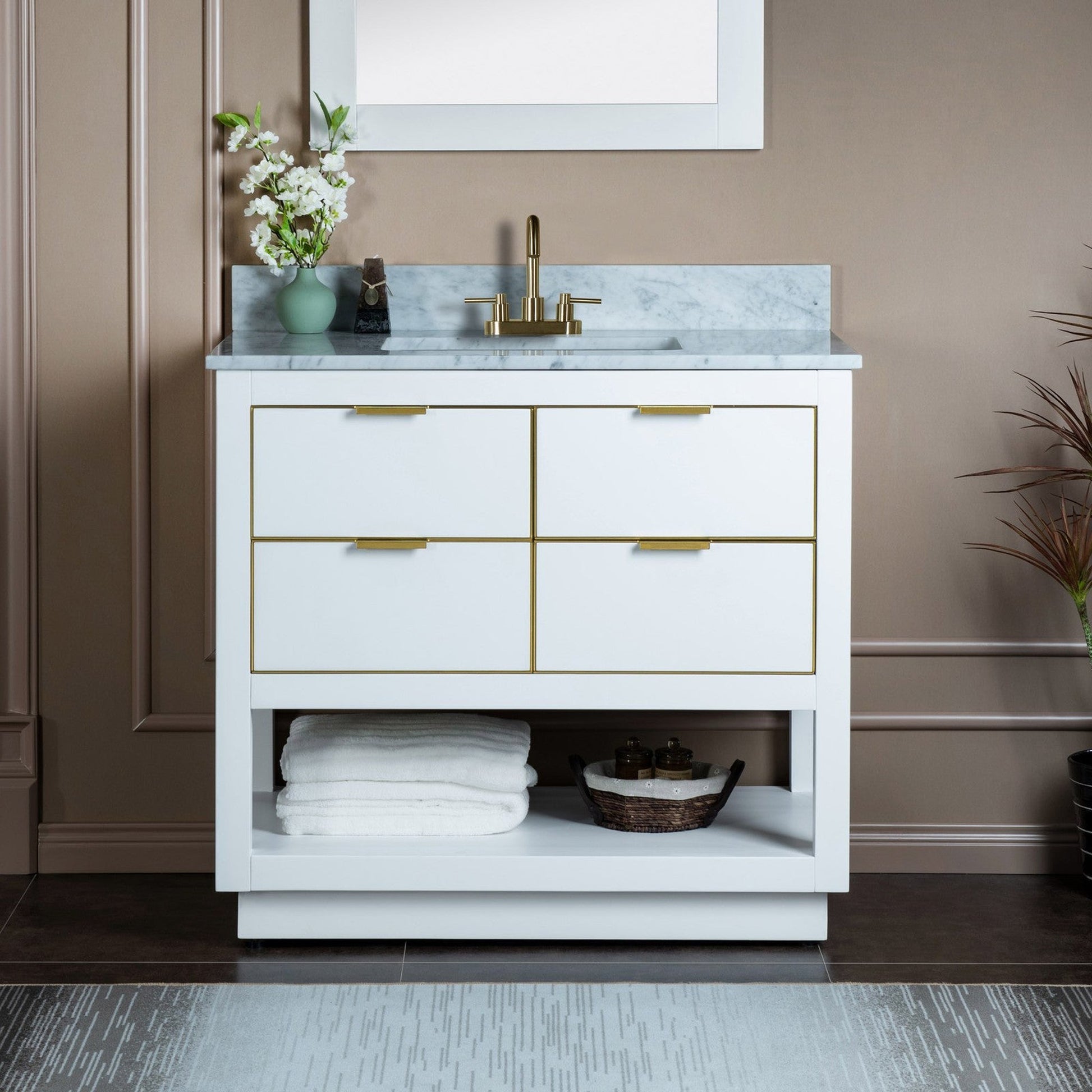 Woodbridge Venice 43" White and Gold Trim Solid Wood Vanity Base and Carrara Marble Top With 3 Pre-Drilled Holes for 4" Centerset Faucet