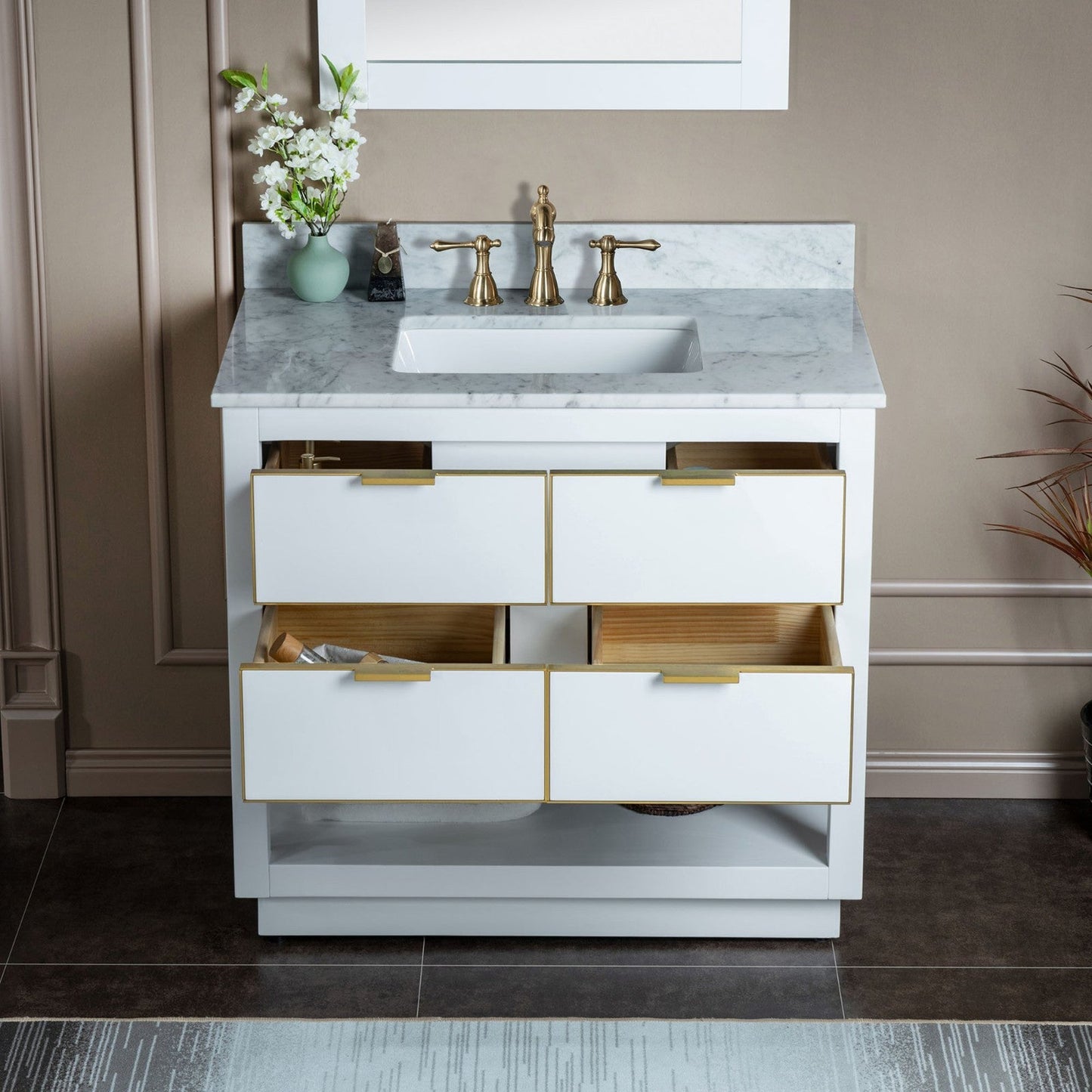 Woodbridge Venice 43" White and Gold Trim Solid Wood Vanity Base and Carrara Marble Top With 3 Pre-drilled Holes for 8" Widespread Faucet