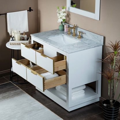 Woodbridge Venice 43" White and Gold Trim Solid Wood Vanity Base and Carrara Marble Top With 3 Pre-drilled Holes for 8" Widespread Faucet