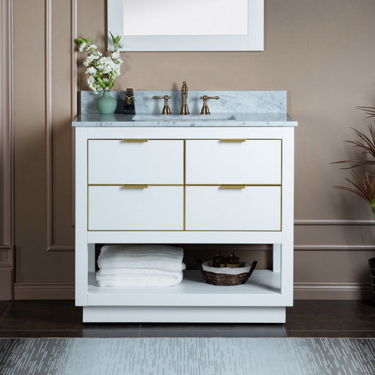 Woodbridge Venice 43" White and Gold Trim Solid Wood Vanity Base and Carrara Marble Top With 3 Pre-drilled Holes for 8" Widespread Faucet