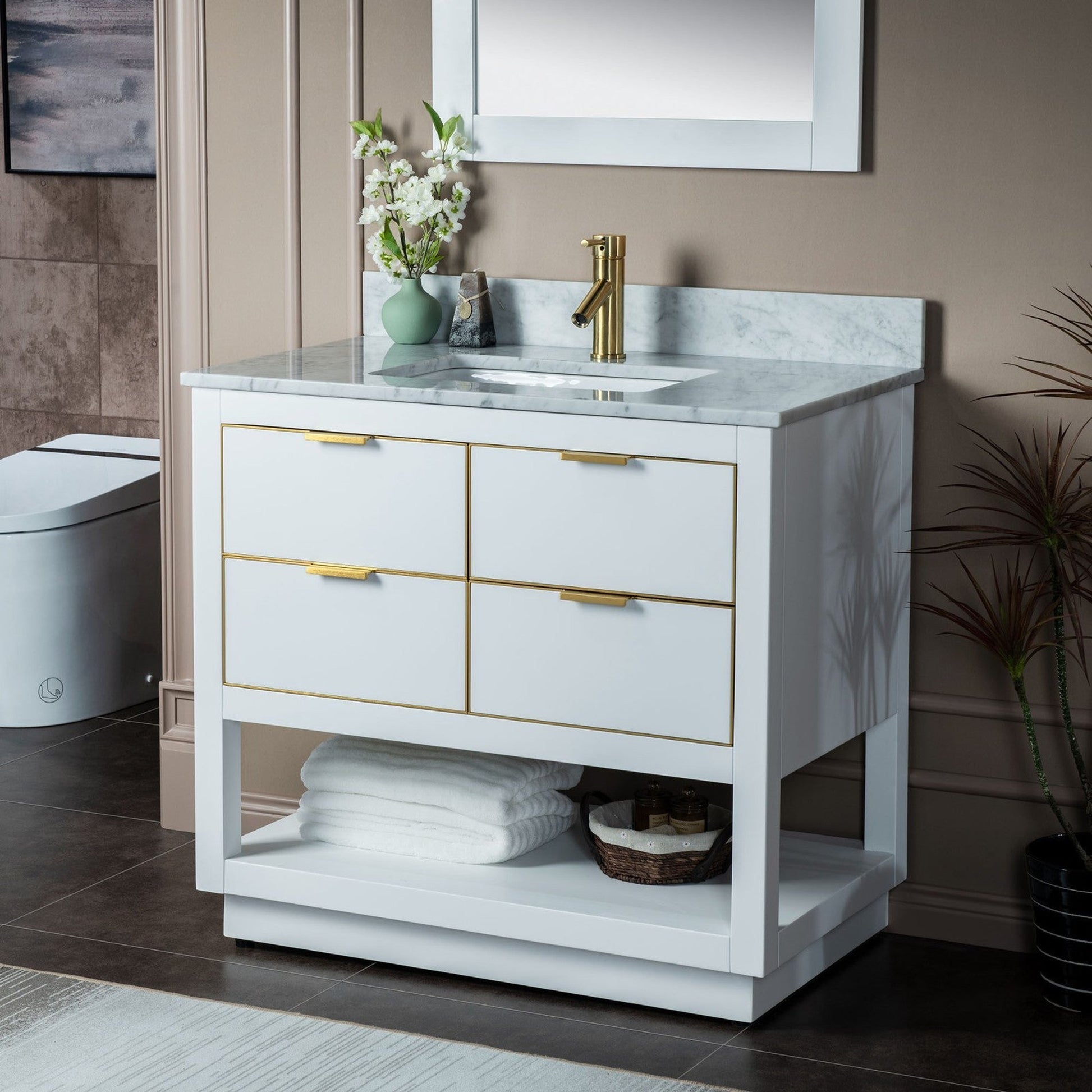 Woodbridge Venice 43" White and Gold Trim Solid Wood Vanity Base and Carrara Marble Top With Pre-Drilled Single Hole Faucet