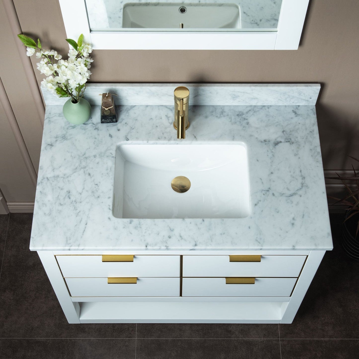 Woodbridge Venice 43" White and Gold Trim Solid Wood Vanity Base and Carrara Marble Top With Pre-Drilled Single Hole Faucet