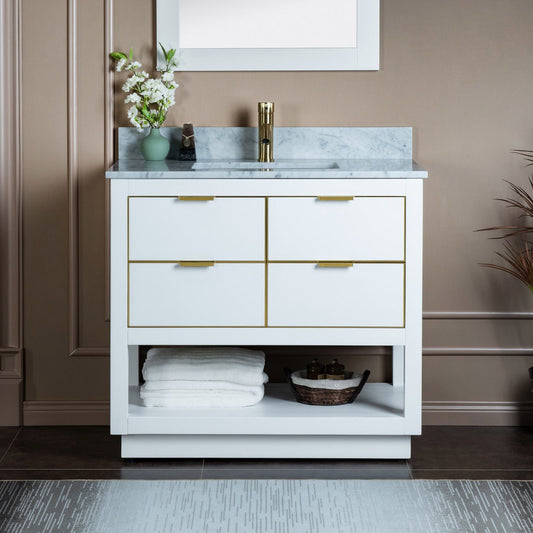 Woodbridge Venice 43" White and Gold Trim Solid Wood Vanity Base and Carrara Marble Top With Pre-Drilled Single Hole Faucet