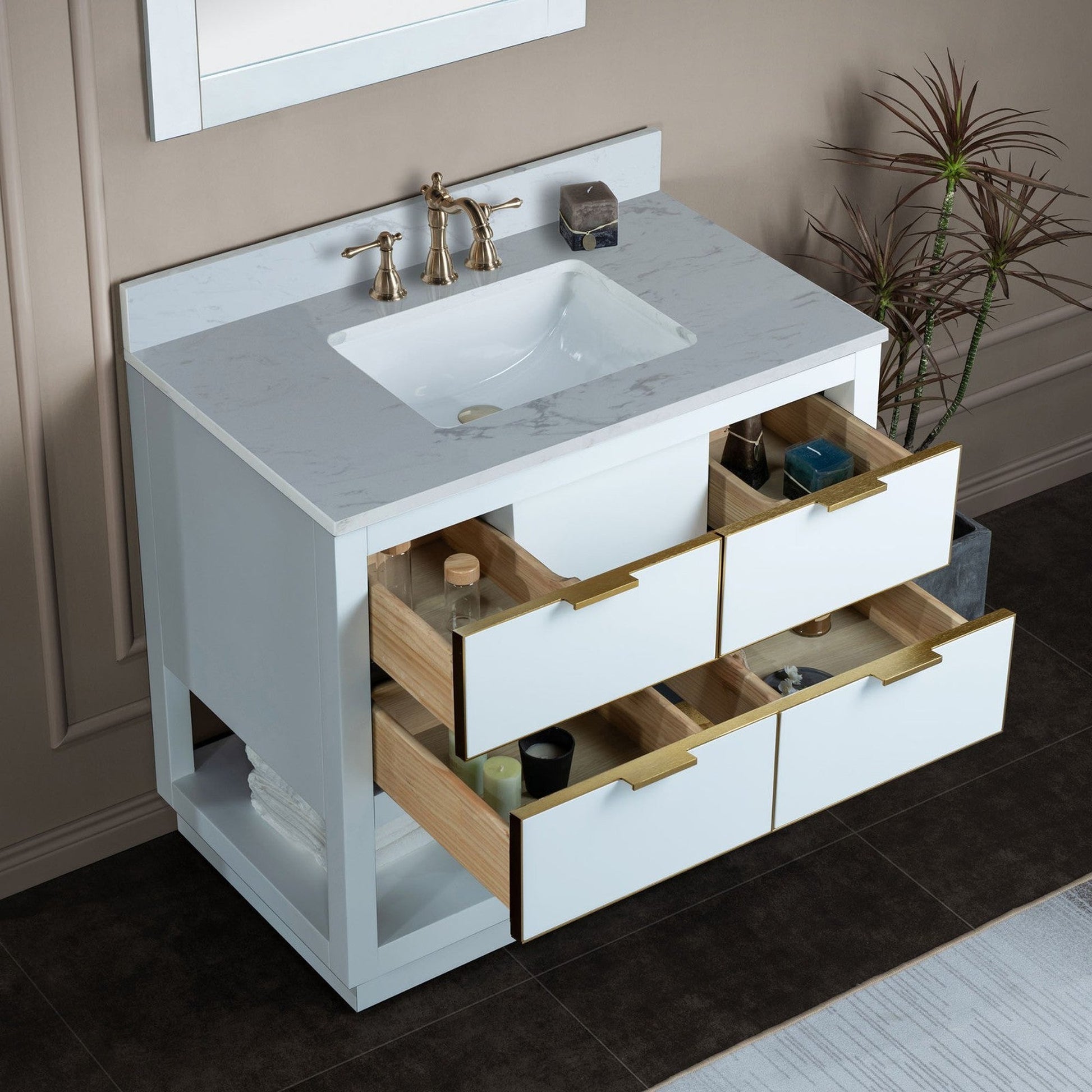 Woodbridge Venice 43" White and Gold Trim Solid Wood Vanity Base and Carrara White Engineered Stone Top With 3 Pre-drilled Holes for 8" Widespread Faucet