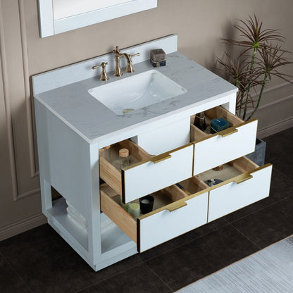 Woodbridge Venice 43" White and Gold Trim Solid Wood Vanity Base and Carrara White Engineered Stone Top With 3 Pre-drilled Holes for 8" Widespread Faucet