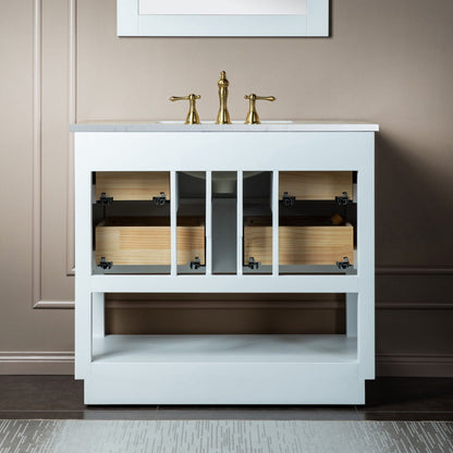 Woodbridge Venice 43" White and Gold Trim Solid Wood Vanity Base and Carrara White Engineered Stone Top With 3 Pre-drilled Holes for 8" Widespread Faucet