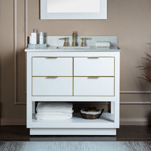 Woodbridge Venice 43" White and Gold Trim Solid Wood Vanity Base and Carrara White Engineered Stone Top With 3 Pre-drilled Holes for 8" Widespread Faucet