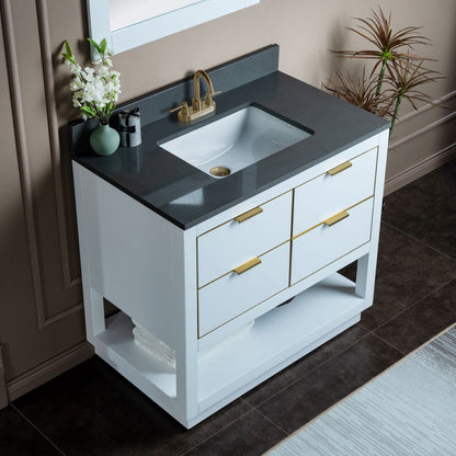 Woodbridge Venice 43" White and Gold Trim Solid Wood Vanity Base and Dark Gray Engineered Stone Composite Top With 3 Pre-Drilled Holes for 4" Centerset Faucet