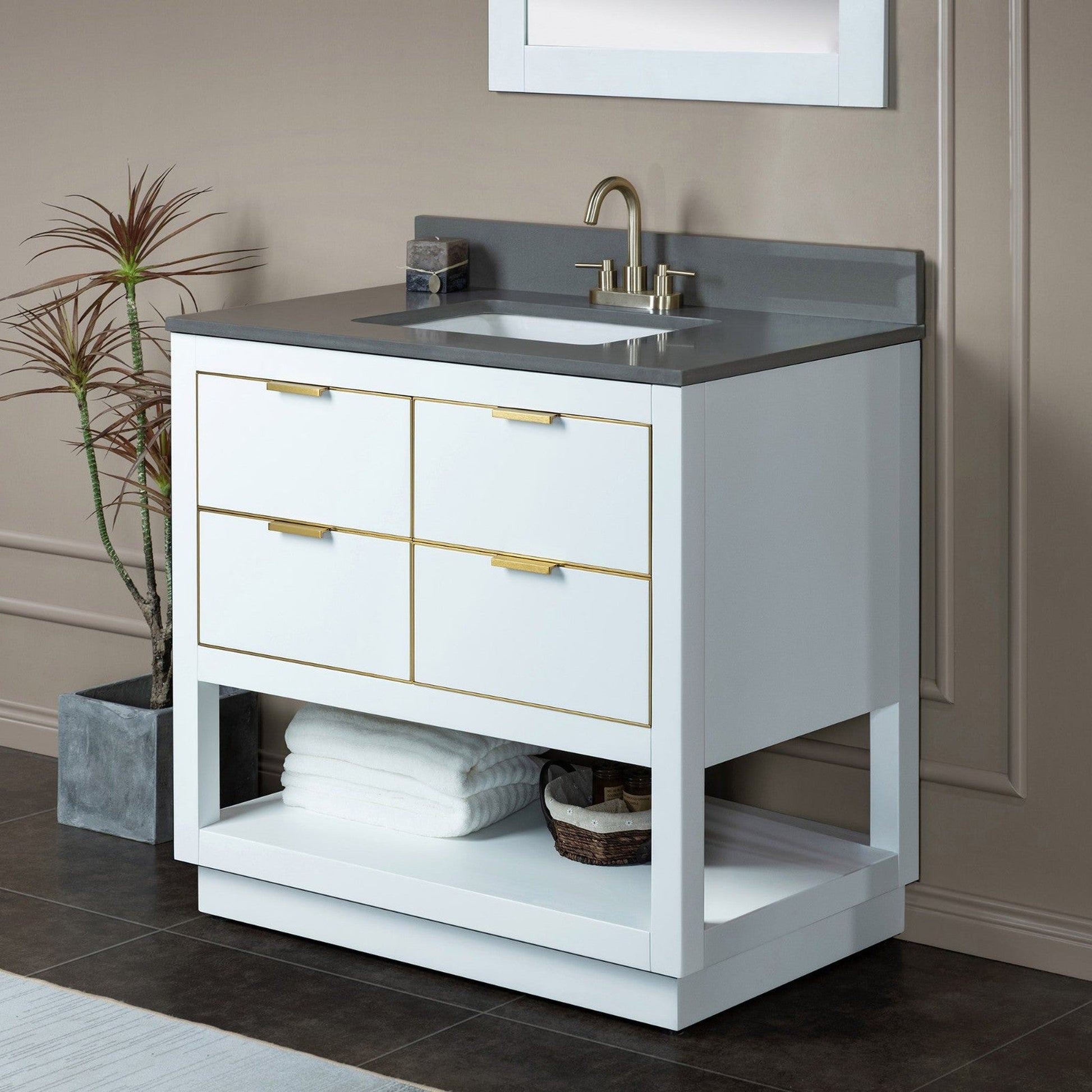 Woodbridge Venice 43" White and Gold Trim Solid Wood Vanity Base and Dark Gray Engineered Stone Composite Top With 3 Pre-Drilled Holes for 4" Centerset Faucet