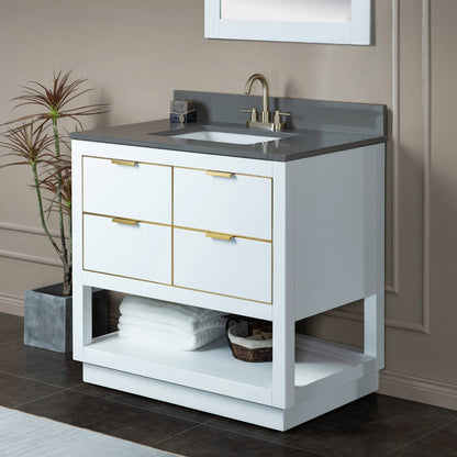 Woodbridge Venice 43" White and Gold Trim Solid Wood Vanity Base and Dark Gray Engineered Stone Composite Top With 3 Pre-Drilled Holes for 4" Centerset Faucet