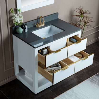 Woodbridge Venice 43" White and Gold Trim Solid Wood Vanity Base and Dark Gray Engineered Stone Composite Top With 3 Pre-Drilled Holes for 4" Centerset Faucet