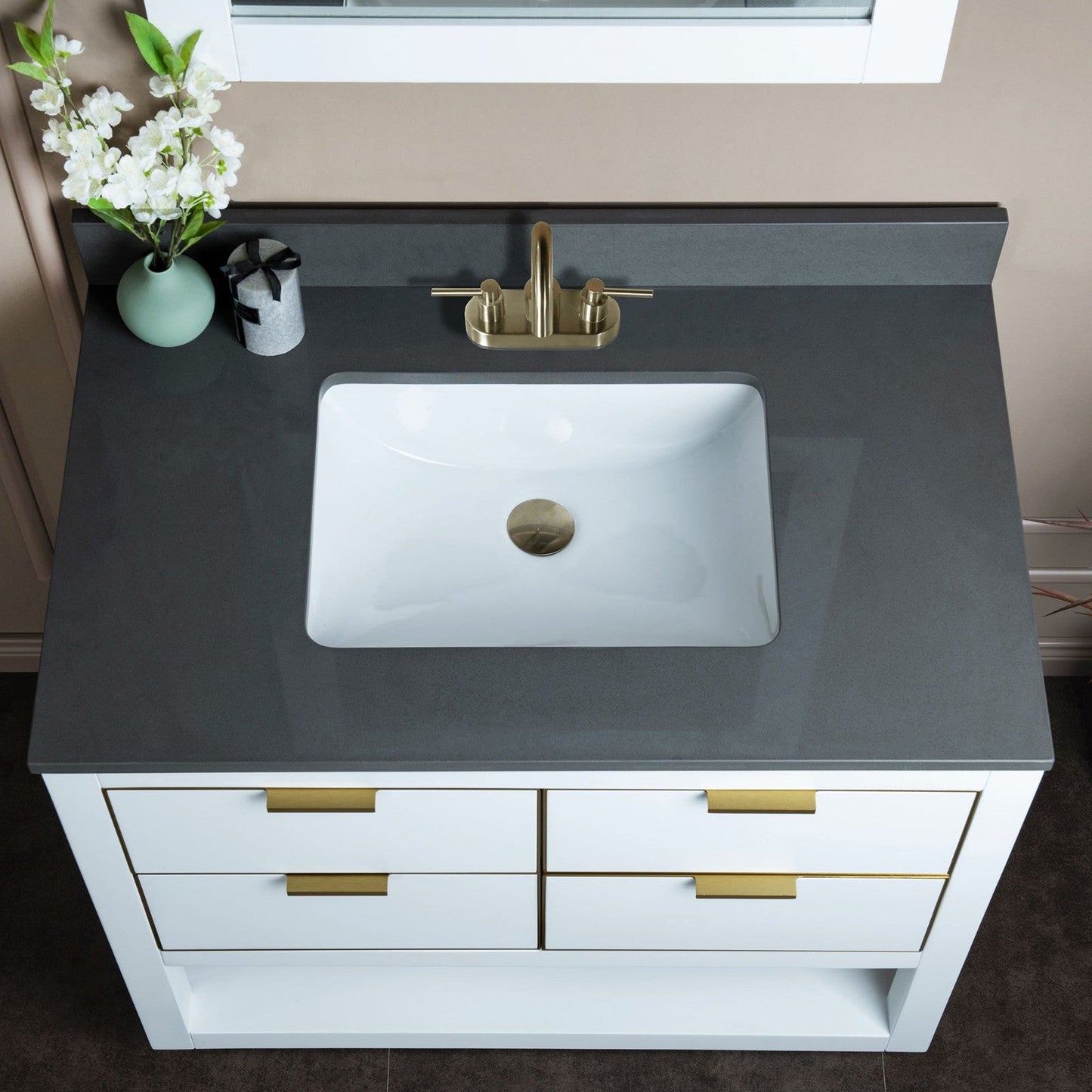Woodbridge Venice 43" White and Gold Trim Solid Wood Vanity Base and Dark Gray Engineered Stone Composite Top With 3 Pre-Drilled Holes for 4" Centerset Faucet