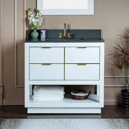 Woodbridge Venice 43" White and Gold Trim Solid Wood Vanity Base and Dark Gray Engineered Stone Composite Top With 3 Pre-Drilled Holes for 4" Centerset Faucet