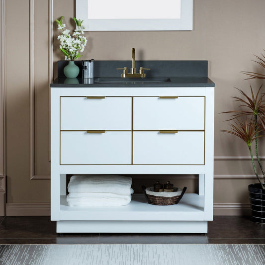 Woodbridge Venice 43" White and Gold Trim Solid Wood Vanity Base and Dark Gray Engineered Stone Composite Top With 3 Pre-Drilled Holes for 4" Centerset Faucet