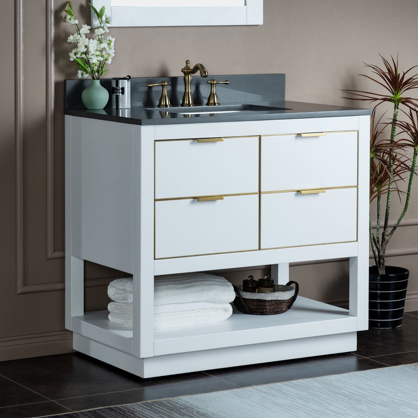 Woodbridge Venice 43" White and Gold Trim Solid Wood Vanity Base and Dark Gray Engineered Stone Composite Top With 3 Pre-drilled Holes for 8" Widespread Faucet
