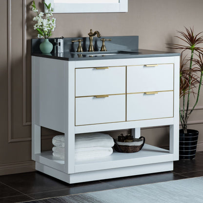 Woodbridge Venice 43" White and Gold Trim Solid Wood Vanity Base and Dark Gray Engineered Stone Composite Top With 3 Pre-drilled Holes for 8" Widespread Faucet
