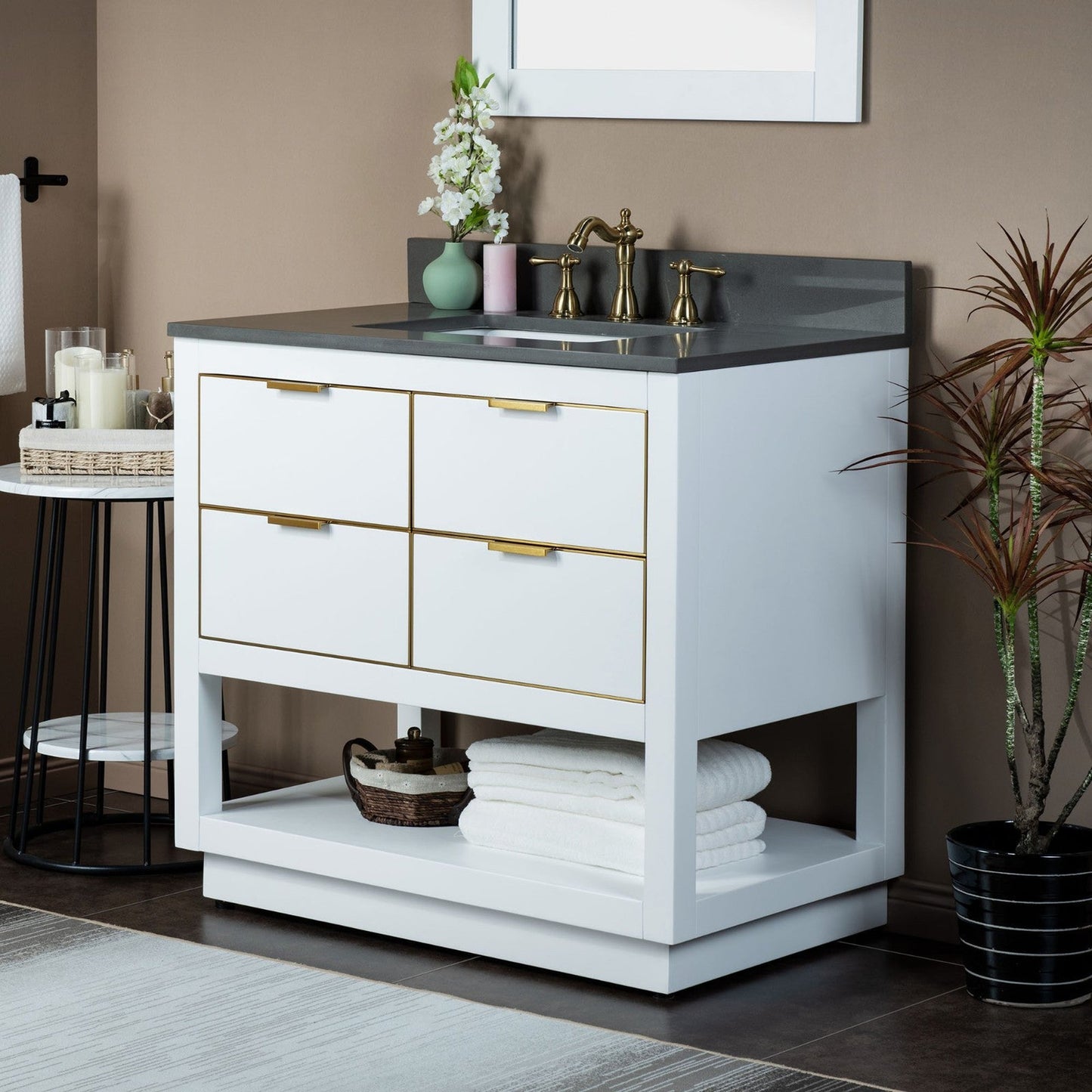 Woodbridge Venice 43" White and Gold Trim Solid Wood Vanity Base and Dark Gray Engineered Stone Composite Top With 3 Pre-drilled Holes for 8" Widespread Faucet