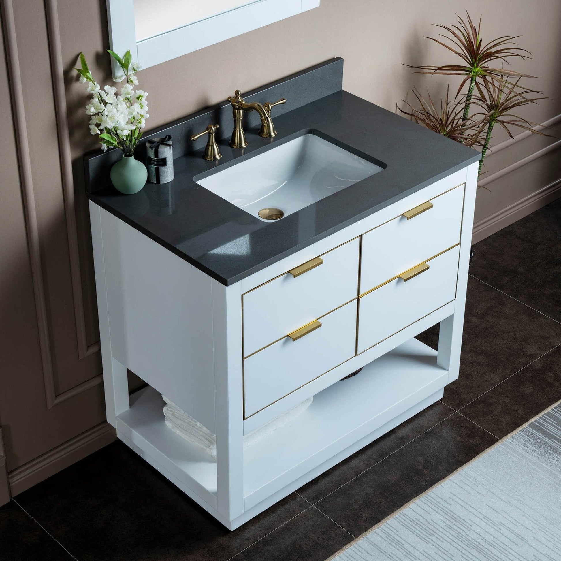 Woodbridge Venice 43" White and Gold Trim Solid Wood Vanity Base and Dark Gray Engineered Stone Composite Top With 3 Pre-drilled Holes for 8" Widespread Faucet