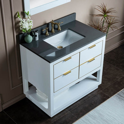 Woodbridge Venice 43" White and Gold Trim Solid Wood Vanity Base and Dark Gray Engineered Stone Composite Top With 3 Pre-drilled Holes for 8" Widespread Faucet