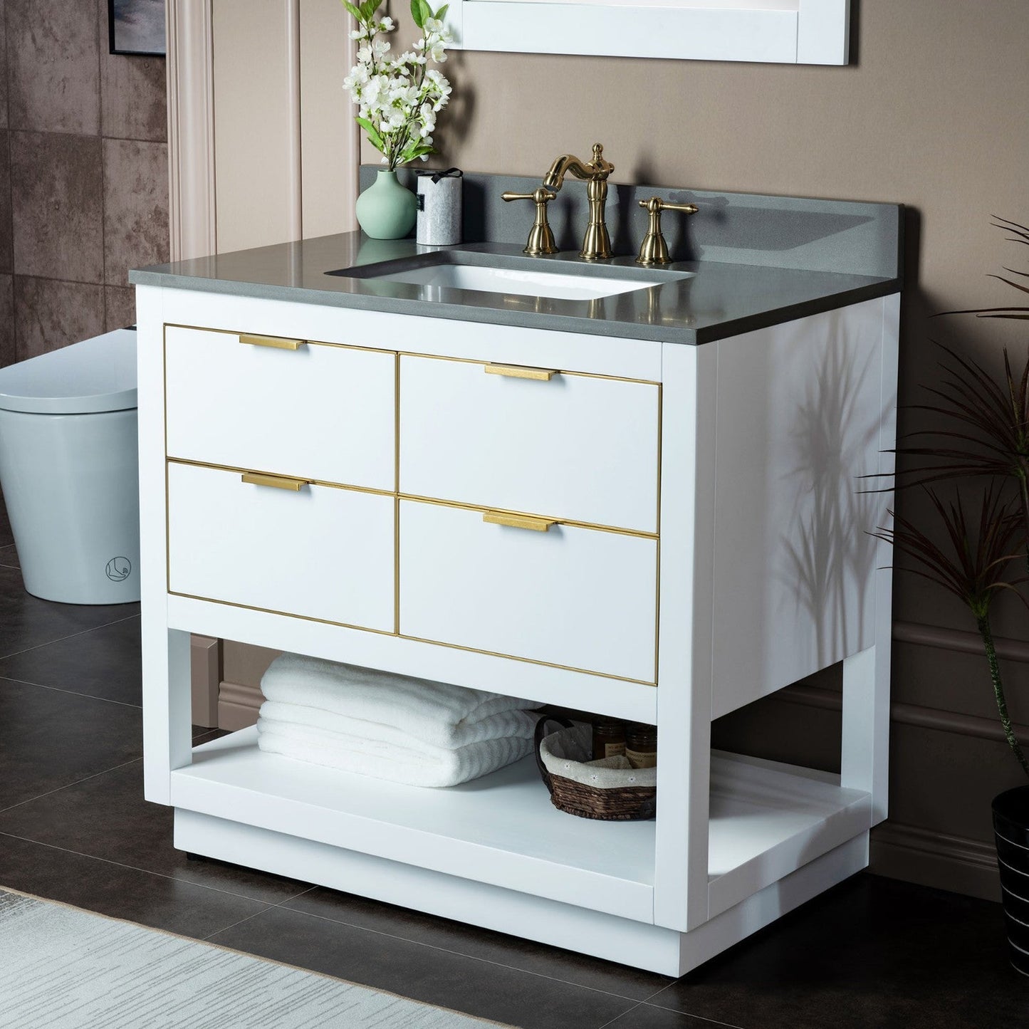 Woodbridge Venice 43" White and Gold Trim Solid Wood Vanity Base and Dark Gray Engineered Stone Composite Top With 3 Pre-drilled Holes for 8" Widespread Faucet