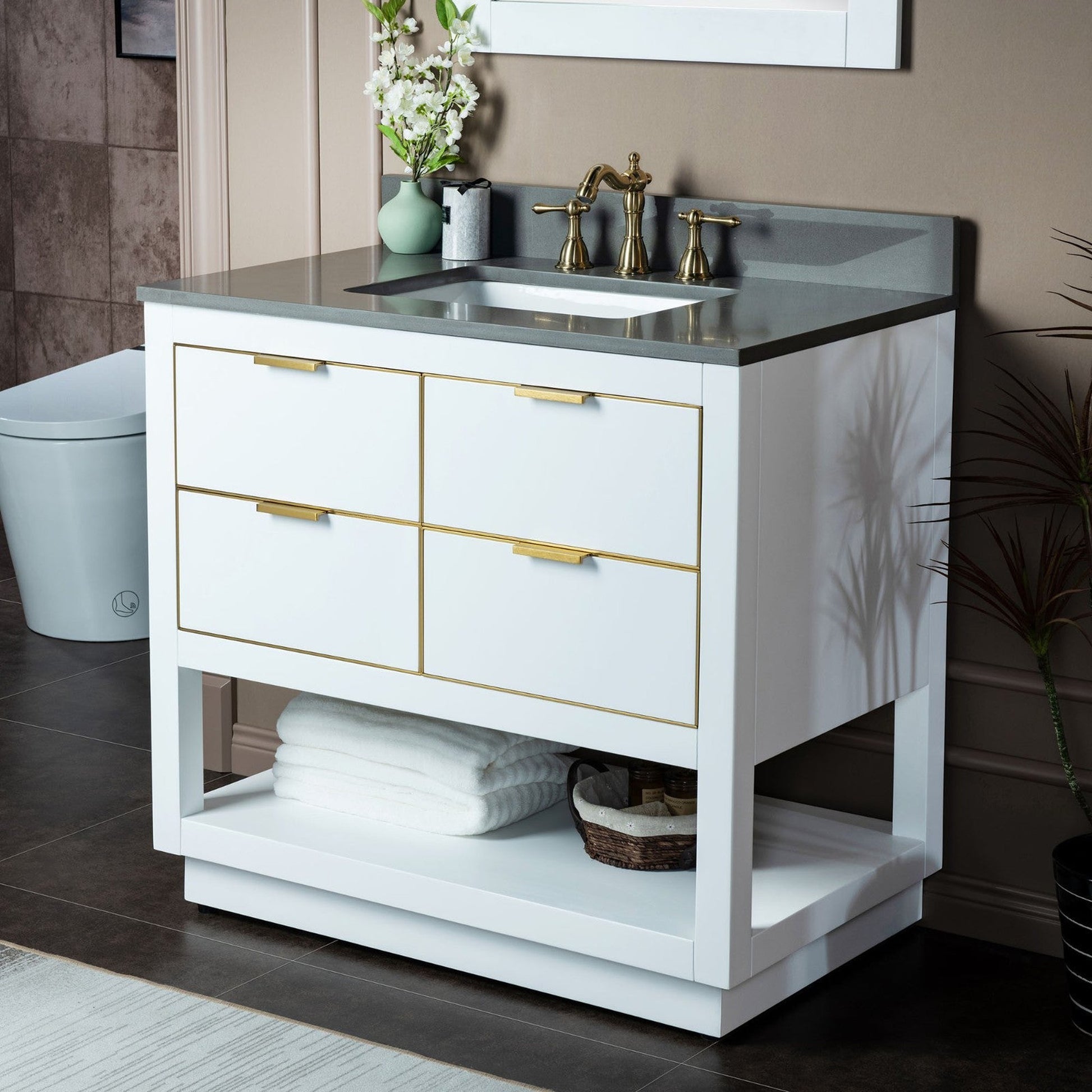 Woodbridge Venice 43" White and Gold Trim Solid Wood Vanity Base and Dark Gray Engineered Stone Composite Top With 3 Pre-drilled Holes for 8" Widespread Faucet
