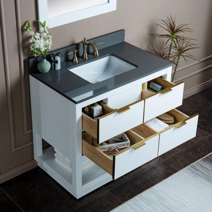 Woodbridge Venice 43" White and Gold Trim Solid Wood Vanity Base and Dark Gray Engineered Stone Composite Top With 3 Pre-drilled Holes for 8" Widespread Faucet