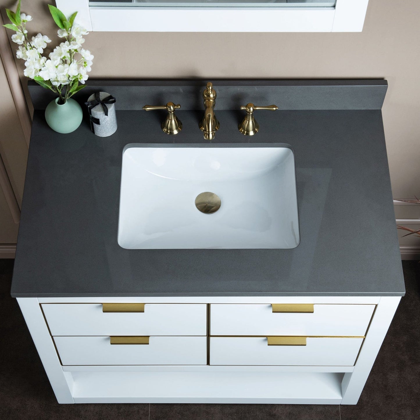 Woodbridge Venice 43" White and Gold Trim Solid Wood Vanity Base and Dark Gray Engineered Stone Composite Top With 3 Pre-drilled Holes for 8" Widespread Faucet