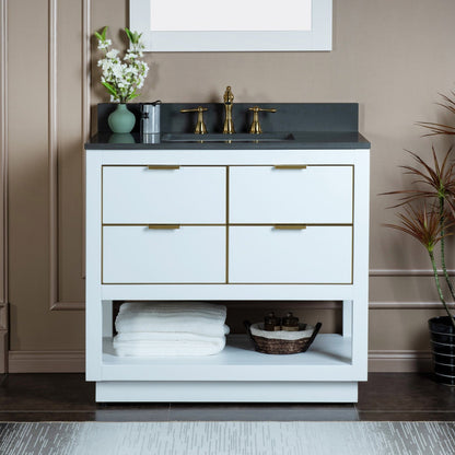 Woodbridge Venice 43" White and Gold Trim Solid Wood Vanity Base and Dark Gray Engineered Stone Composite Top With 3 Pre-drilled Holes for 8" Widespread Faucet
