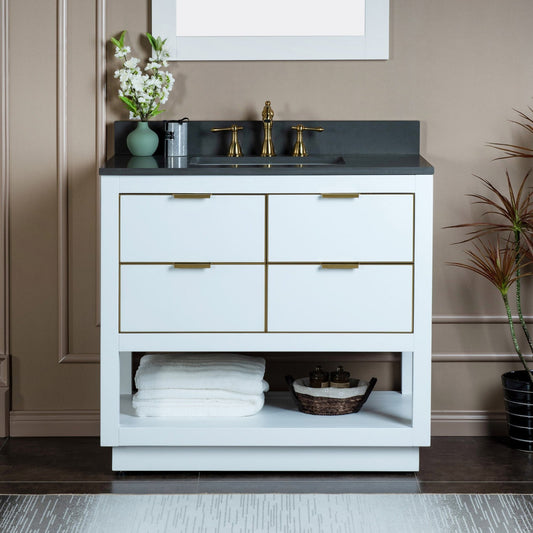 Woodbridge Venice 43" White and Gold Trim Solid Wood Vanity Base and Dark Gray Engineered Stone Composite Top With 3 Pre-drilled Holes for 8" Widespread Faucet