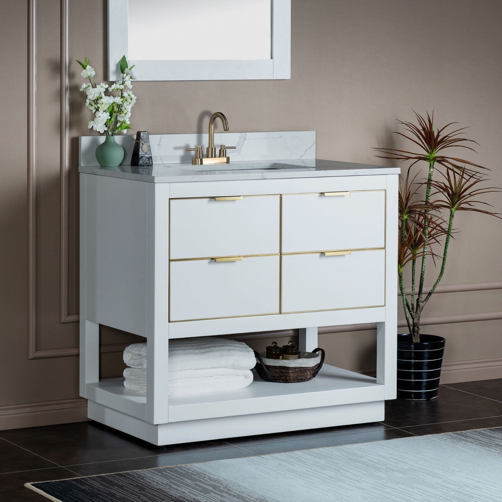Woodbridge Venice 43" White and Gold Trim Solid Wood Vanity Base and Fish Belly White Engineered Stone Composite Top With 3 Pre-Drilled Holes for 4" Centerset Faucet
