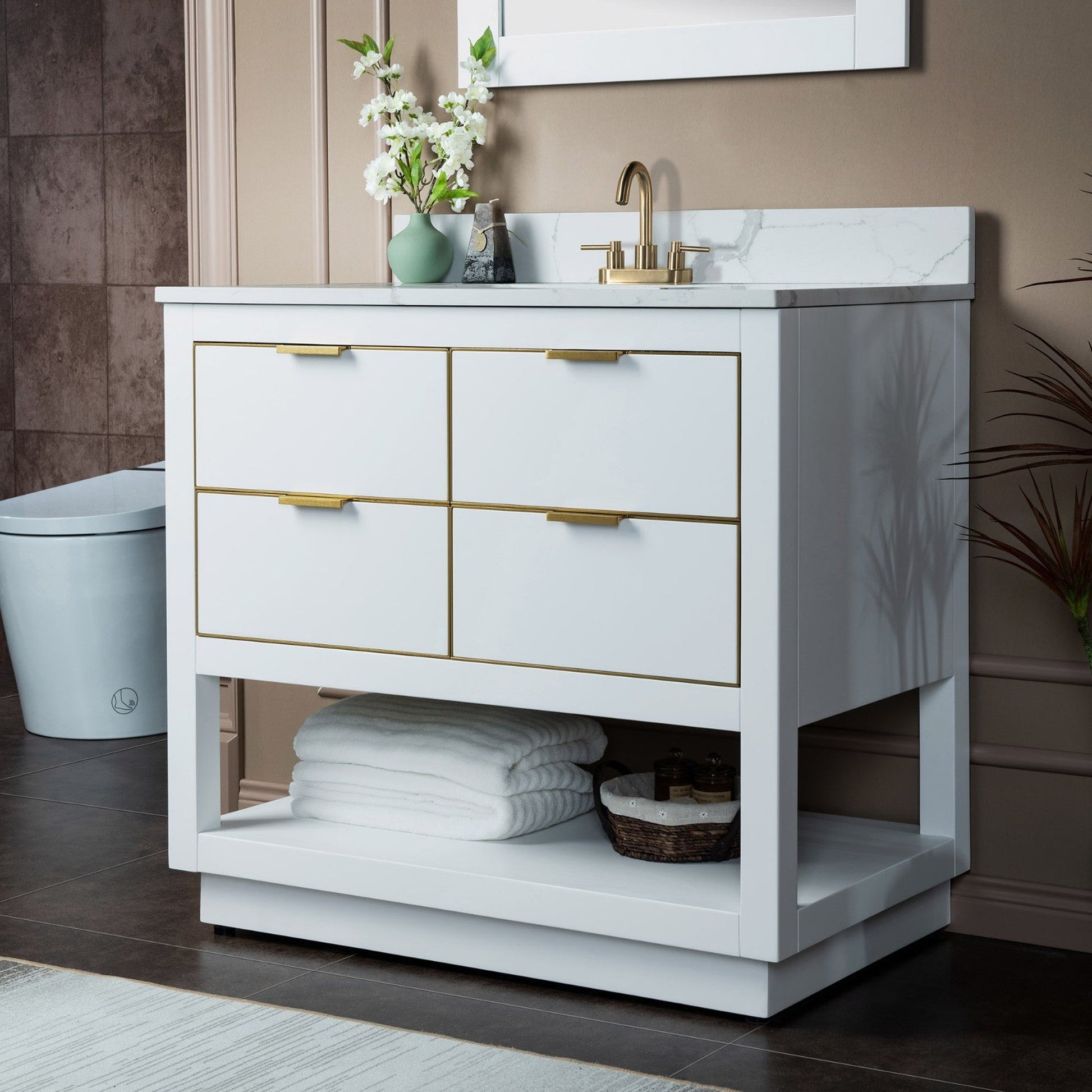 Woodbridge Venice 43" White and Gold Trim Solid Wood Vanity Base and Fish Belly White Engineered Stone Composite Top With 3 Pre-Drilled Holes for 4" Centerset Faucet