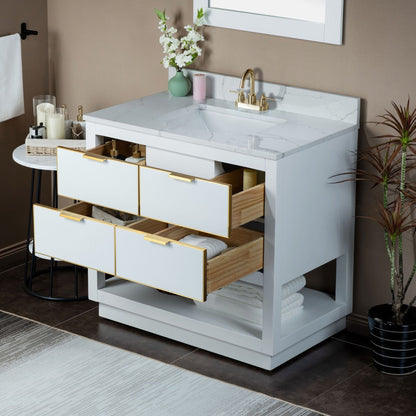 Woodbridge Venice 43" White and Gold Trim Solid Wood Vanity Base and Fish Belly White Engineered Stone Composite Top With 3 Pre-Drilled Holes for 4" Centerset Faucet
