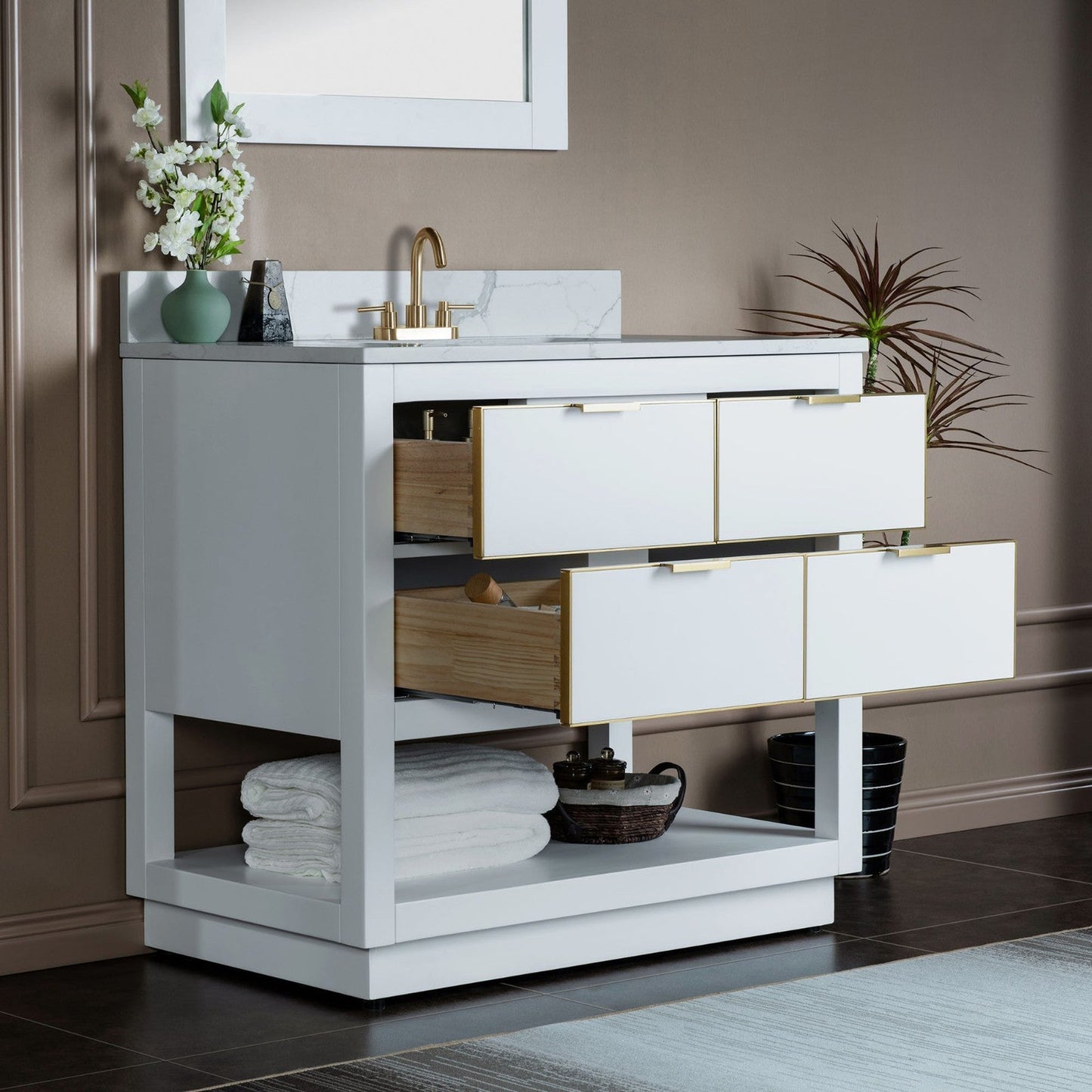 Woodbridge Venice 43" White and Gold Trim Solid Wood Vanity Base and Fish Belly White Engineered Stone Composite Top With 3 Pre-Drilled Holes for 4" Centerset Faucet