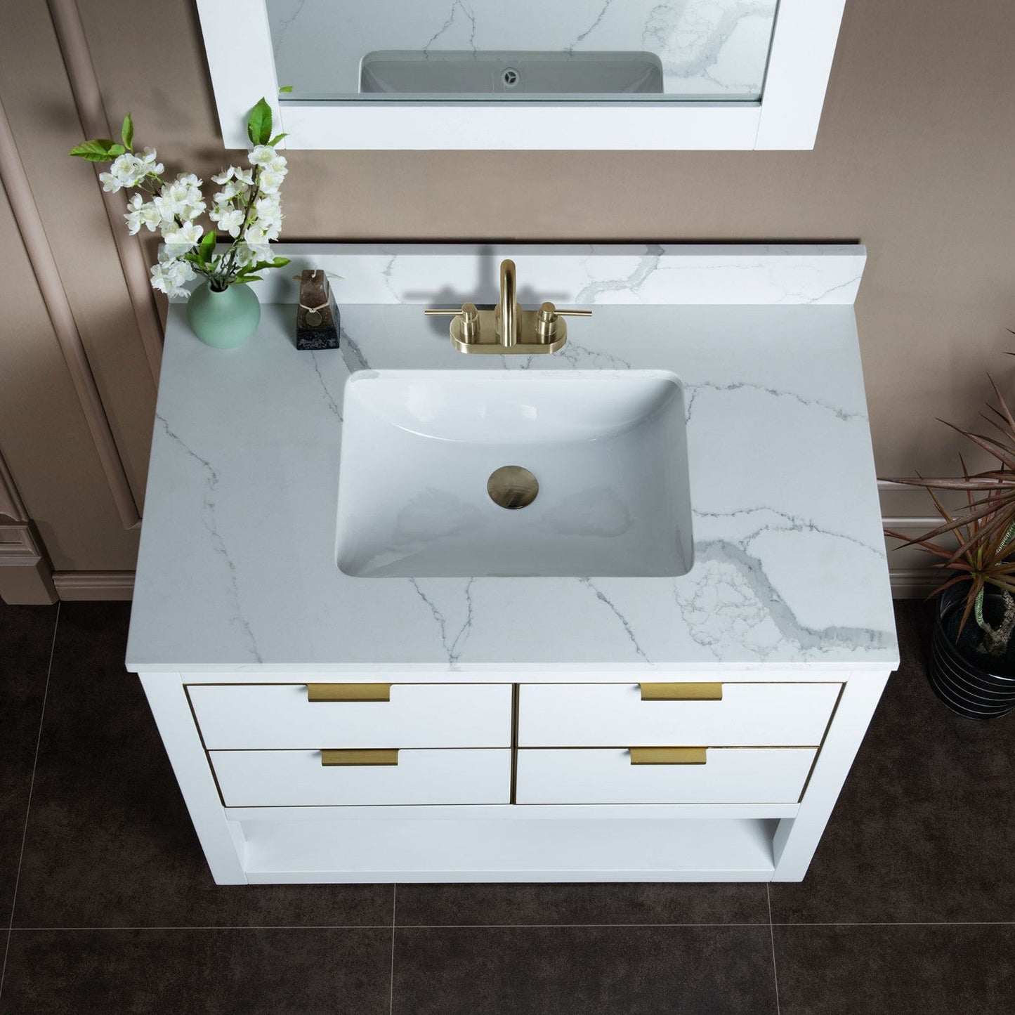 Woodbridge Venice 43" White and Gold Trim Solid Wood Vanity Base and Fish Belly White Engineered Stone Composite Top With 3 Pre-Drilled Holes for 4" Centerset Faucet