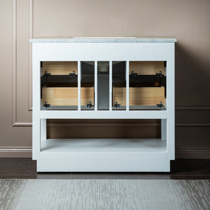 Woodbridge Venice 43" White and Gold Trim Solid Wood Vanity Base and Fish Belly White Engineered Stone Composite Top With 3 Pre-Drilled Holes for 4" Centerset Faucet