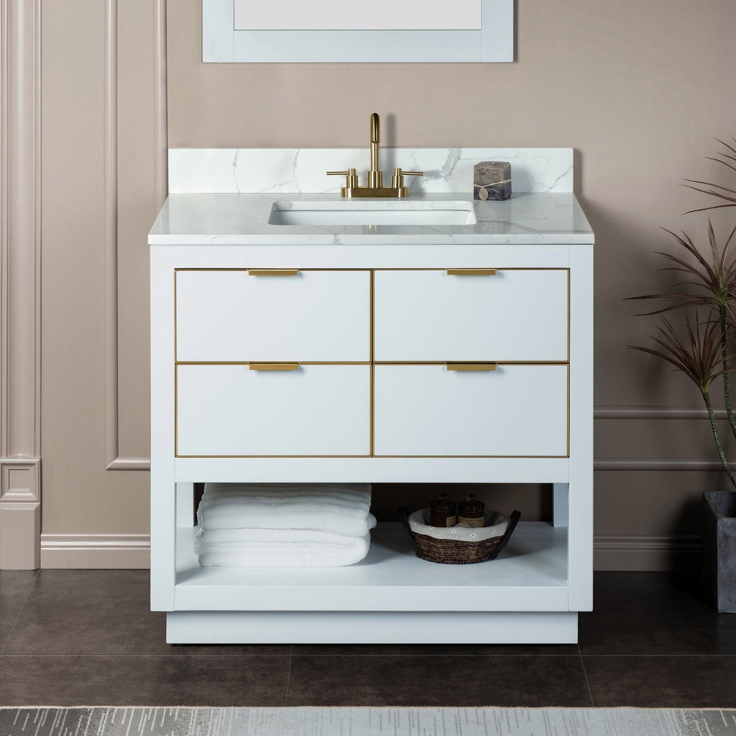Woodbridge Venice 43" White and Gold Trim Solid Wood Vanity Base and Fish Belly White Engineered Stone Composite Top With 3 Pre-Drilled Holes for 4" Centerset Faucet