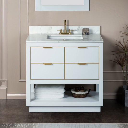 Woodbridge Venice 43" White and Gold Trim Solid Wood Vanity Base and Fish Belly White Engineered Stone Composite Top With 3 Pre-Drilled Holes for 4" Centerset Faucet