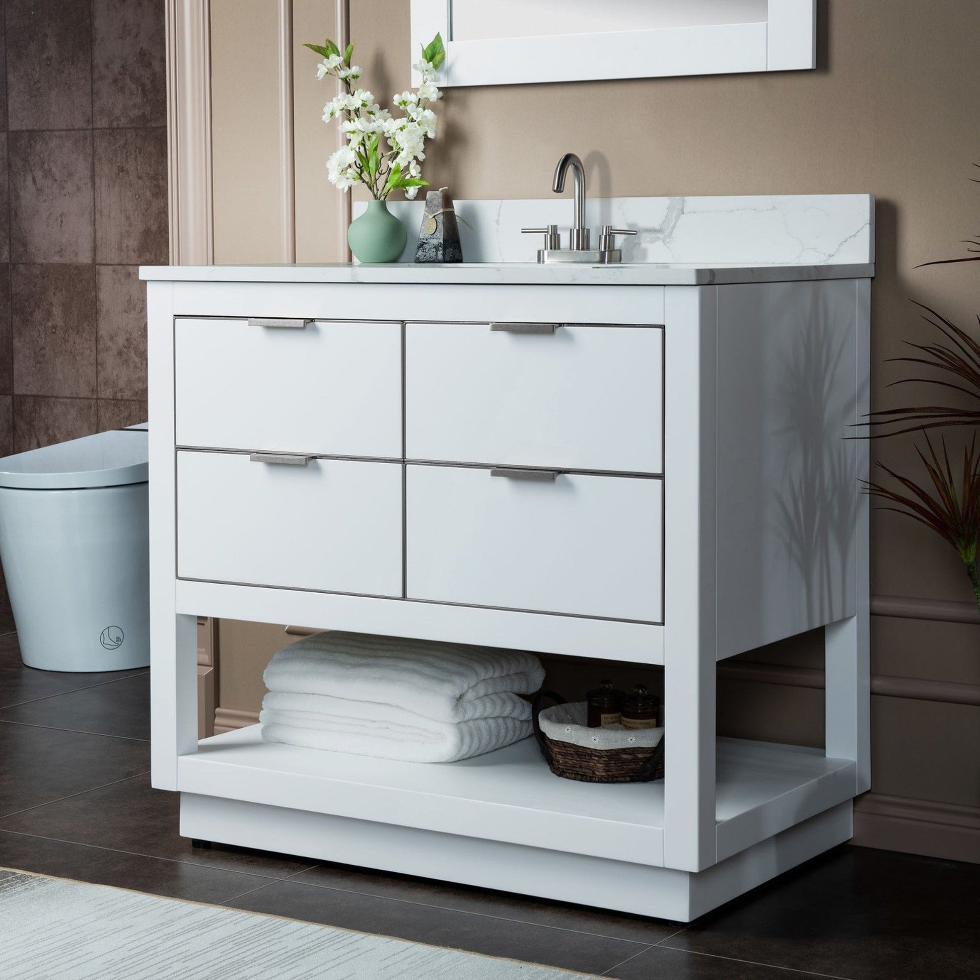 Woodbridge Venice 43" White and Gold Trim Solid Wood Vanity Base and Fish Belly White Engineered Stone Composite Top With 3 Pre-drilled Holes for 4" Centerset Faucet