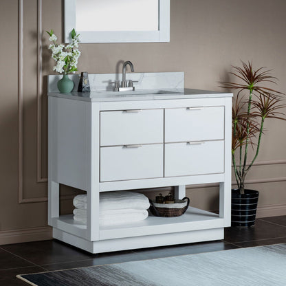 Woodbridge Venice 43" White and Gold Trim Solid Wood Vanity Base and Fish Belly White Engineered Stone Composite Top With 3 Pre-drilled Holes for 4" Centerset Faucet