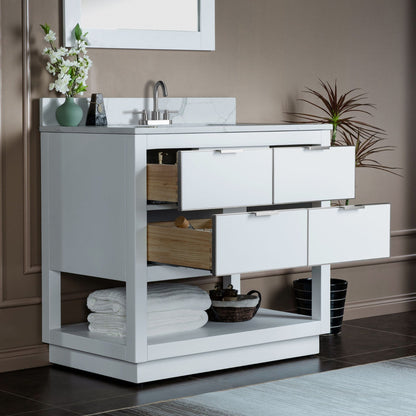 Woodbridge Venice 43" White and Gold Trim Solid Wood Vanity Base and Fish Belly White Engineered Stone Composite Top With 3 Pre-drilled Holes for 4" Centerset Faucet