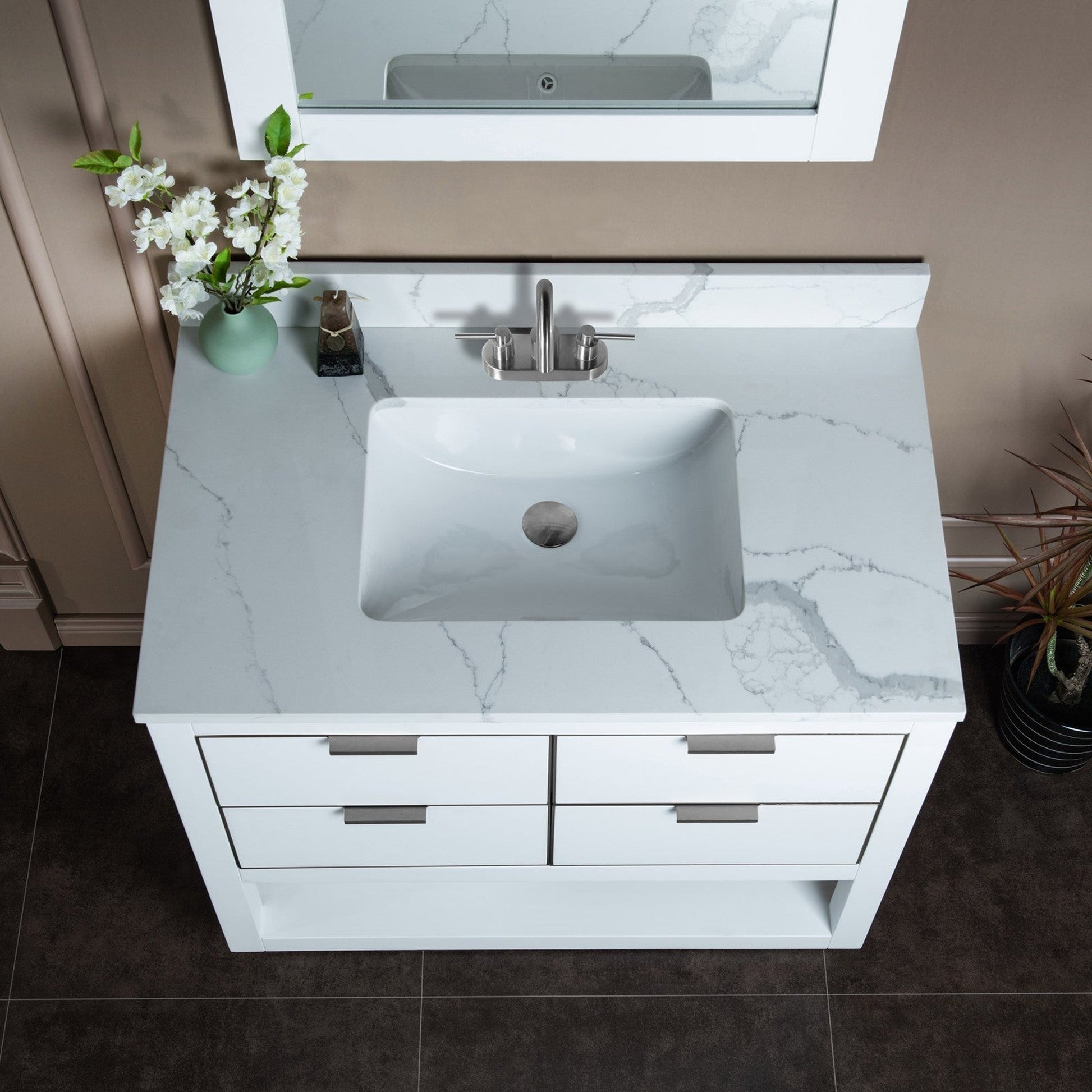 Woodbridge Venice 43" White and Gold Trim Solid Wood Vanity Base and Fish Belly White Engineered Stone Composite Top With 3 Pre-drilled Holes for 4" Centerset Faucet